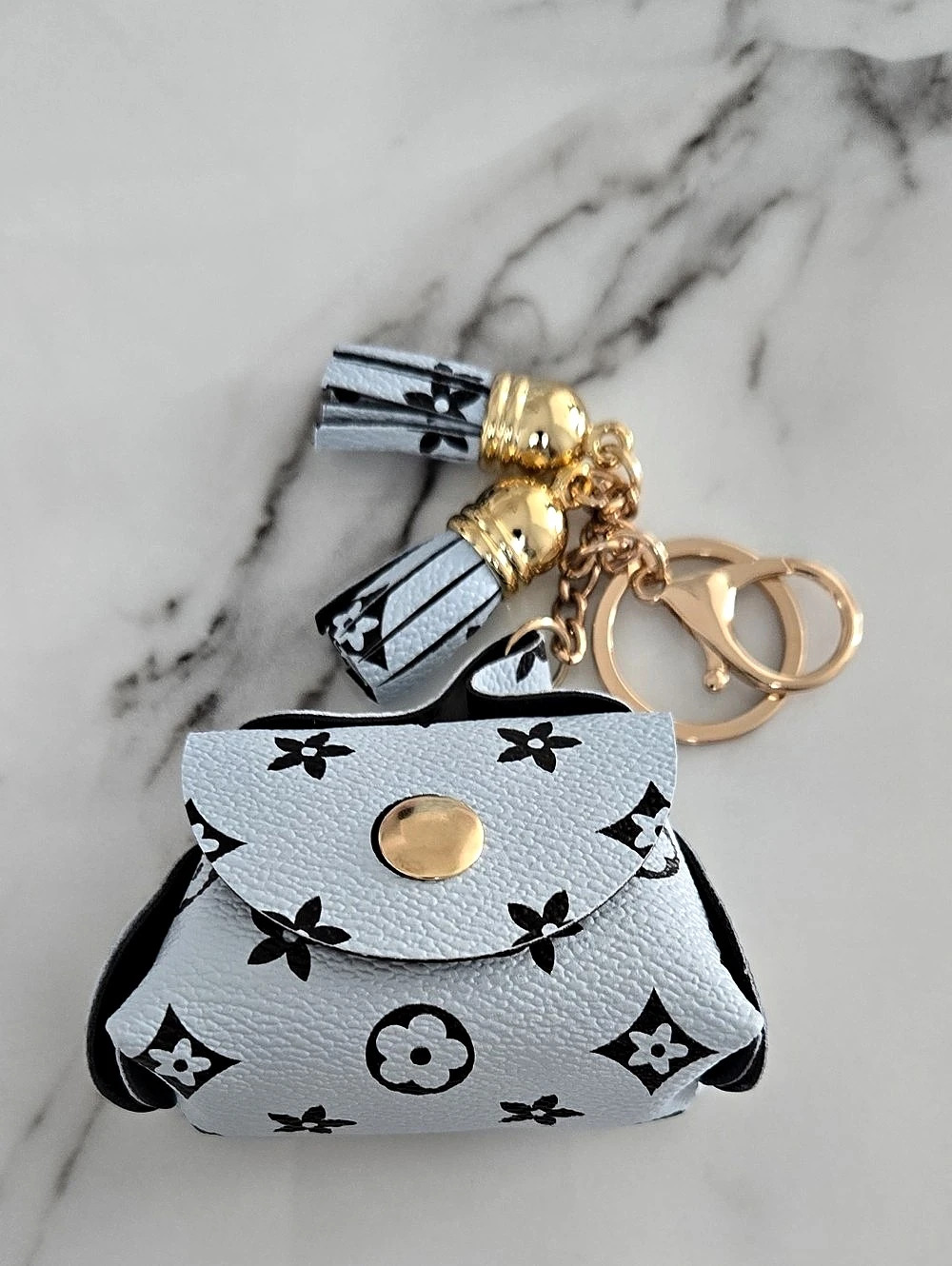 Floral Mini Bag Keychain in White & Black Like New